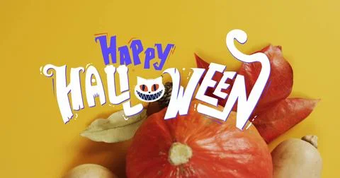 Happy Halloween text image over pumpkins and autumn leaves on yellow background Ilustração Stock