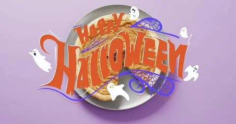 Happy Halloween text image over plate of pancakes with ghost illustrations Ilustração Stock
