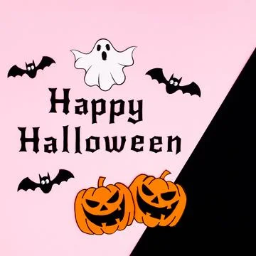 Happy Halloween text with pumpkins. ghosts and bats on pastel pink and dark b Stock Illustration