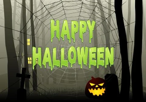 Happy Halloween text on spider web in dark gloomy woods Stock Illustration
