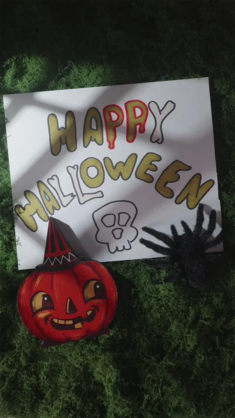Happy Halloween text with witch hat pumpkin in flashing lightning Stock Footage 342423270