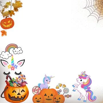 Happy Halloween Unicorn vector border frame illustration cartoon style design Stock Illustration