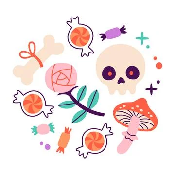 Happy Halloween. Vector cute set of skull, bone, rose, fly agaric, sweets in Stock Illustration