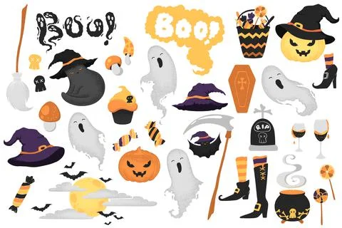 Happy Halloween vector elements clipart with cute pumpkins, ghosts, sweets, w Stock Illustration