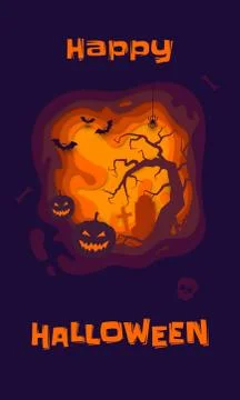 Happy Halloween vector poster of pumpkin lantern and spooky graveyard bats Illustrazione stock