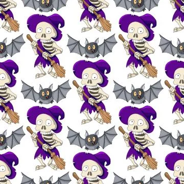 Happy Halloween vector seamless pattern with scary witches and bats 스톡 일러스트