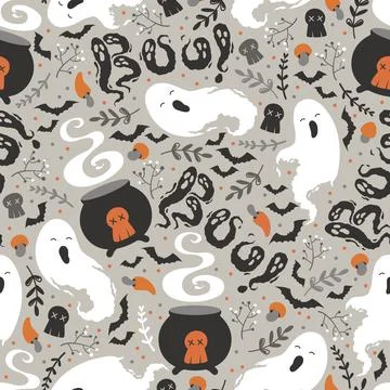 Happy Halloween vector seamless pattern with cute ghosts, sweets, witch cau.. Stock Illustration