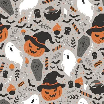 Happy Halloween vector seamless pattern with cute pumpkins in witch hat, gh.. Stock Illustration