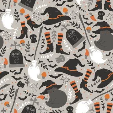 Happy Halloween vector seamless pattern with cute cats, witch hats and shoe.. Stock Illustration