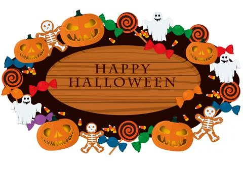 Happy halloween wooden signboard decorated with pumpkins and sweets vector Stock Illustration