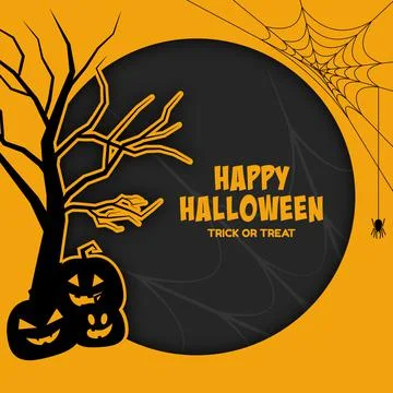 Happy halloween yellow background with tree and pumpkin. Stock Illustration