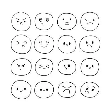 Happy hand drawn funny smiley faces. Sketched facial expressions set. Colle.. Stock Illustration