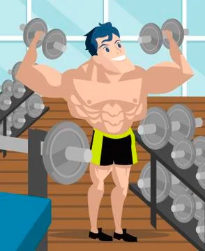 Happy handsome bodybuilder using dumbbells in the gym Stock Illustration