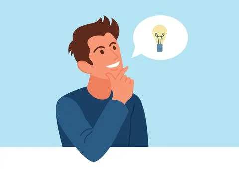 Happy handsome man has creative idea. Young human found question answer. Illustrazione stock
