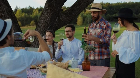 Happy handsome winemaker treating his friends with red wine talking together Stock Footage 116990868