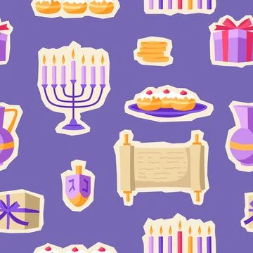 Happy Hanukkah pattern with stickers. Background with holiday objects. Illustrazione stock