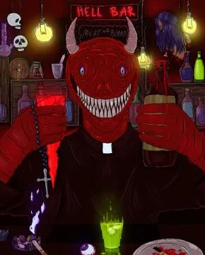 Happy hell bar with devil and dead girl Stock Illustration