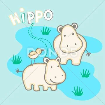 Happy Hippo\'s Standing In Water With A Bird