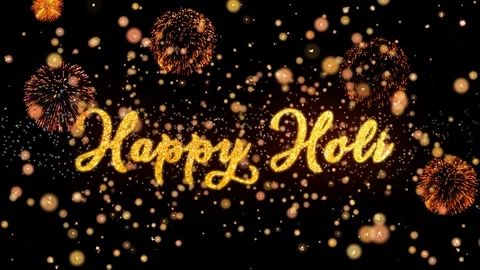 Happy Holi Abstract particles and glitter fireworks greeting card text Stock Footage 93294053
