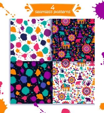 Happy holi set seamless pattern design , Happy holi design with colorful icon. Stock Illustration