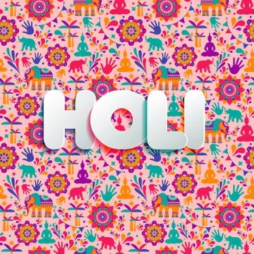 Happy holi vector elements seamless pattern design with paer style lettering. Stock Illustration