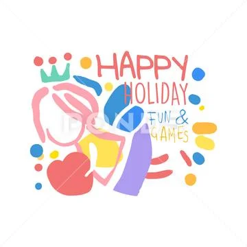Happy Holiday fun and games logo template colorful hand drawn vector Stock Illustration