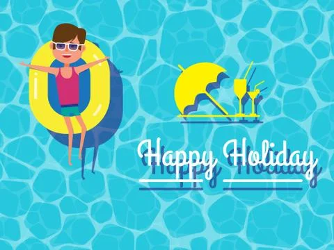 Happy holiday, young guy floating on swimming pool! Stock Illustration