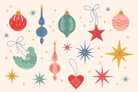 Happy holidays elements collection. Cute vintage Christmas baubles. Stock Illustration