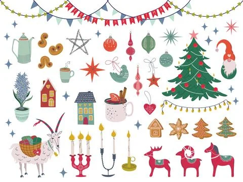 Happy holidays elements set. Big Scandinavian Christmas collection. Stock Illustration