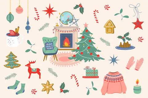 Happy holidays elements set. Cozy Winter and Christmas elements collection. Illustrazione stock
