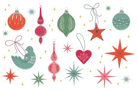 Happy holidays elements set. Cute vintage Christmas baubles, stars and toys. Stock Illustration