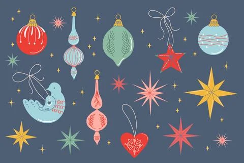 Happy holidays elements set. Cute vintage Christmas baubles, stars and toys. Stock Illustration