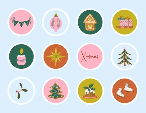 Happy holidays elements set. Cute round printable Christmas stickers. Stock Illustration