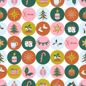 Happy holidays geometric pattern. Circles ornament bright Christmas print. Stock Illustration