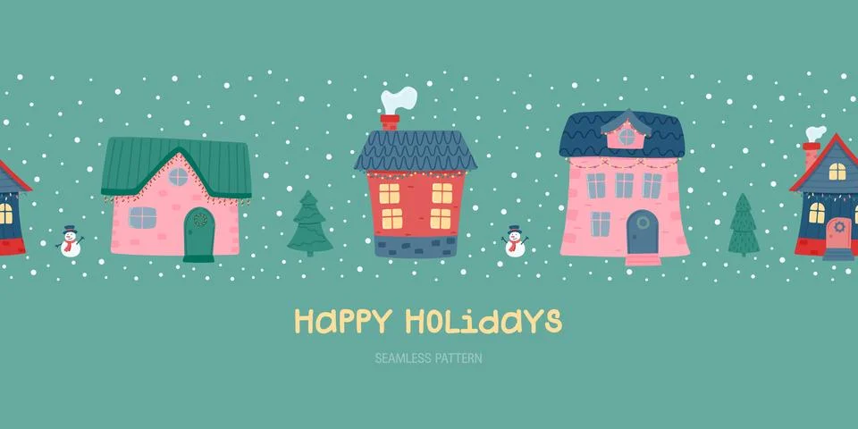 Happy holidays. Seamless horizontal pattern. Cute winter houses. Decorated .. Stock Illustration