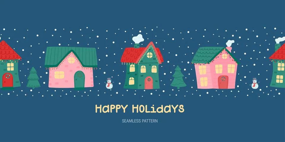 Happy holidays. Seamless horizontal pattern. Cute winter houses. Stock Illustration