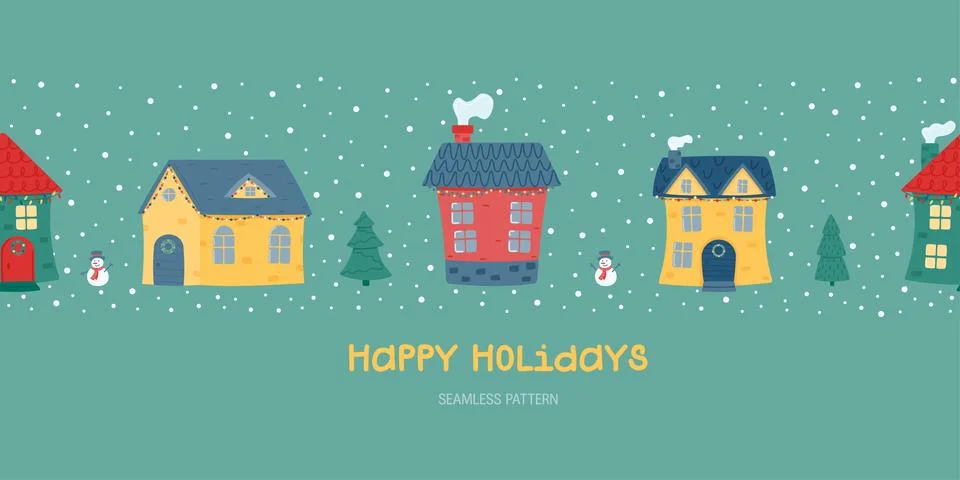 Happy holidays. Seamless horizontal pattern. Cute winter houses. Decorated .. Illustrazione stock
