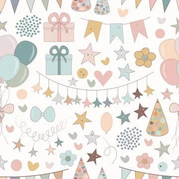 Happy holidays seamless pattern. Party elements set and box with gift, ball.. Stock Illustration