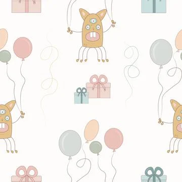 Happy holidays seamlss pattern. Monster colorful silhouette head face icon .. Stock Illustration