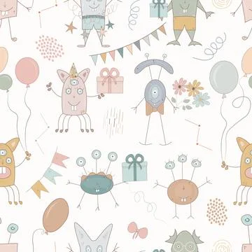 Happy holidays seamlss pattern. Monster colorful silhouette head face icon .. Stock Illustration