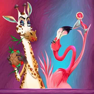 Happy Hour between giraffe and flamingo Stock Illustration