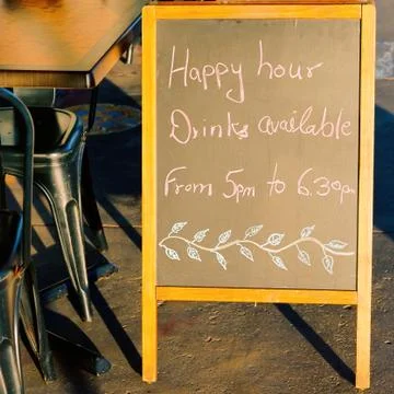 Happy Hour Drinks Blackboard Signage Stock Photos