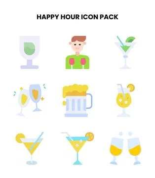 Happy Hour Flat Set Icons Pack Ilustração Stock