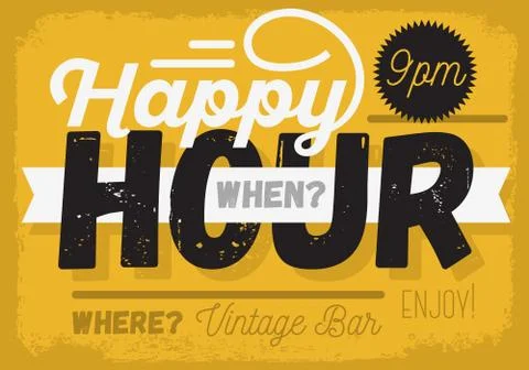 Happy Hour. New Vintage Headline Sign Design With A Banner Ribbo Stock Illustration