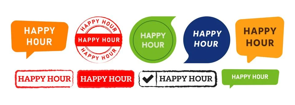Happy hour rectangle circle stamp and speech bubble label sticker sign for Stock Illustration