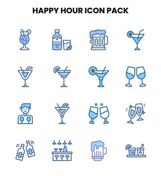 Happy Hour Two Colour Collection Icons Pack Stock Illustration