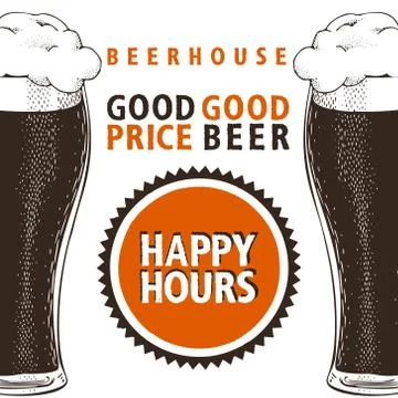 Happy hours beer banner. Vector poster template with beer glasses in retro style Stock Illustration