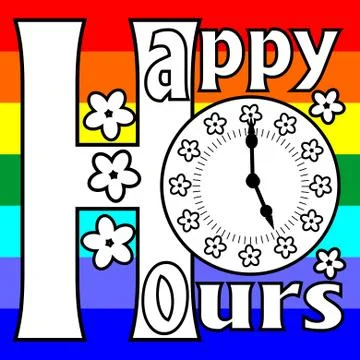 Happy hours billboard with clock face on a rainbow background Stock Illustration