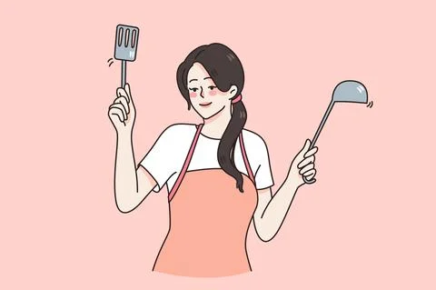 Happy housewife in apron hold utensils cooking food Stock Illustration