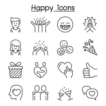 Happy icon set in thin line style Illustrazione stock